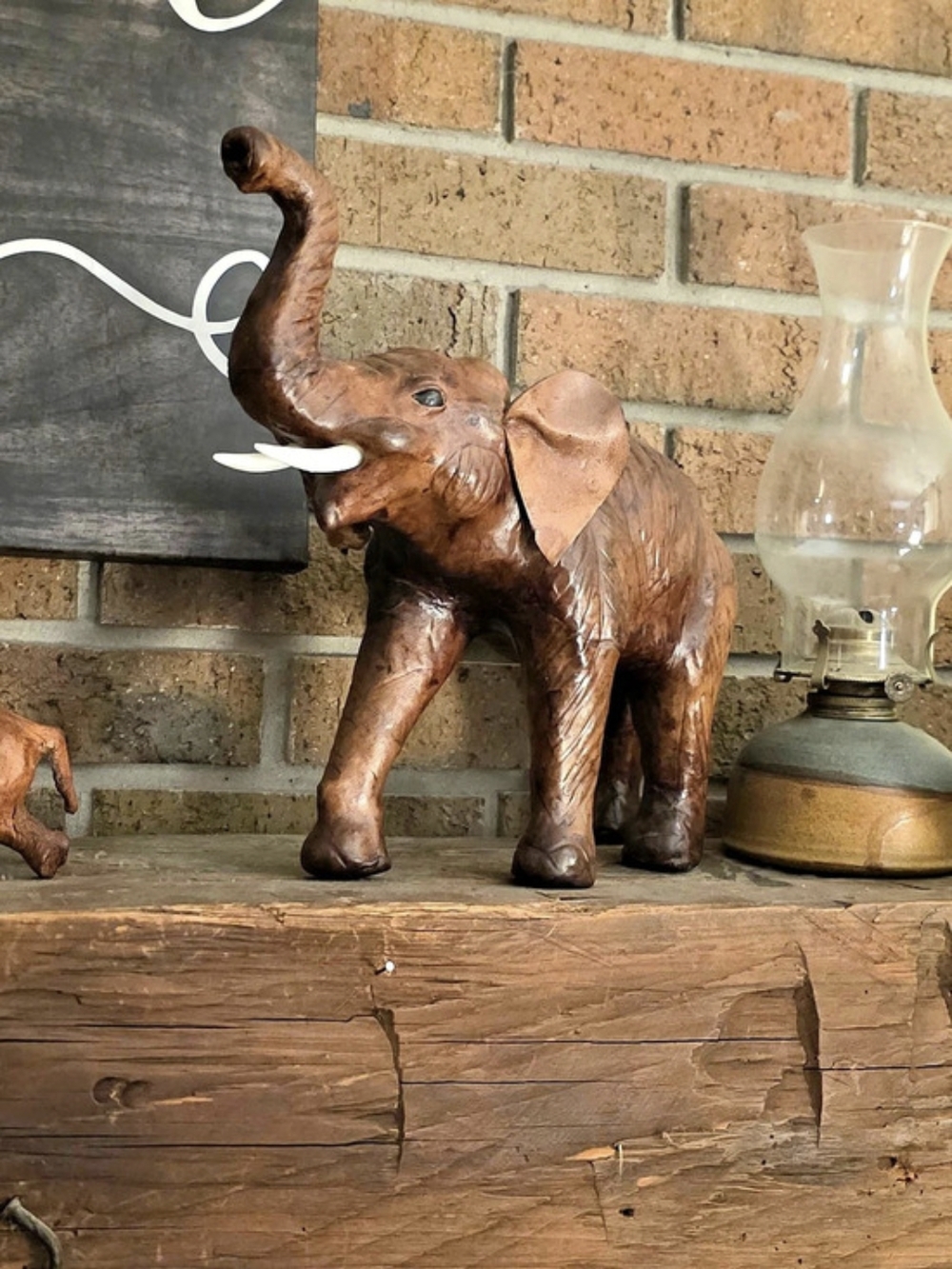 Tanned Leather Elephant Decor Sculpture, Brown & White